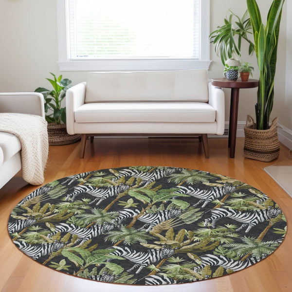 HomeRoots 8' Washable Round Rug in Midnight Green & Brown - UV Protected, Stain Resistant, Modern Design 646382