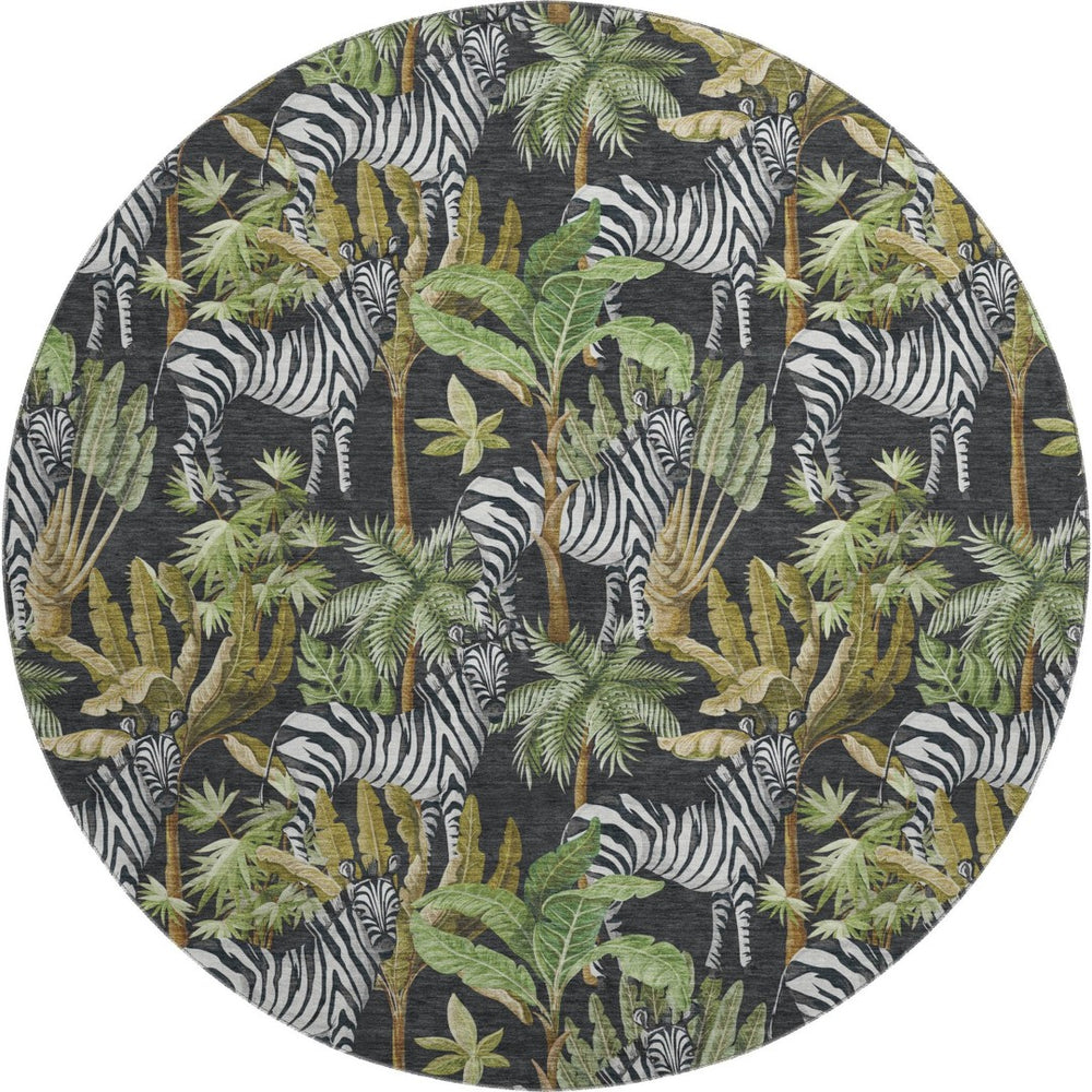 HomeRoots 8' Washable Round Rug in Midnight Green & Brown - UV Protected, Stain Resistant, Modern Design 646382