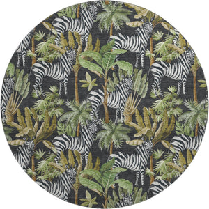 HomeRoots 8' Washable Round Rug in Midnight Green & Brown - UV Protected, Stain Resistant, Modern Design 646382
