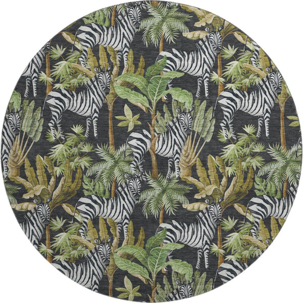 HomeRoots 8' Washable Round Rug in Midnight Green & Brown - UV Protected, Stain Resistant, Modern Design 646382