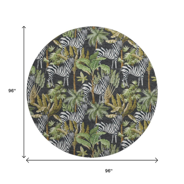 HomeRoots 8' Washable Round Rug in Midnight Green & Brown - UV Protected, Stain Resistant, Modern Design 646382