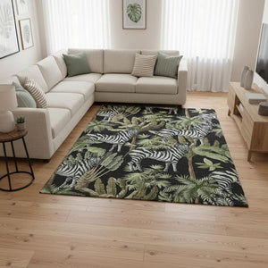 HomeRoots 8' X 10' Midnight Green & Brown Geometric Washable Area Rug - Durable, UV-Protected for Busy Homes 646383