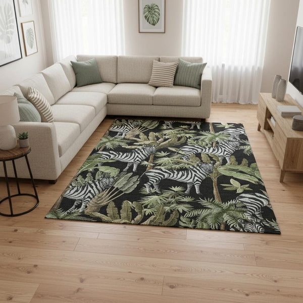 HomeRoots 8' X 10' Midnight Green & Brown Geometric Washable Area Rug - Durable, UV-Protected for Busy Homes 646383