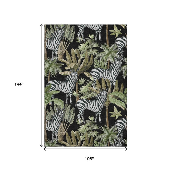 HomeRoots 9' X 12' Midnight Green & Brown Geometric Area Rug - Washable, Stain-Resistant, UV-Protected Design 646384