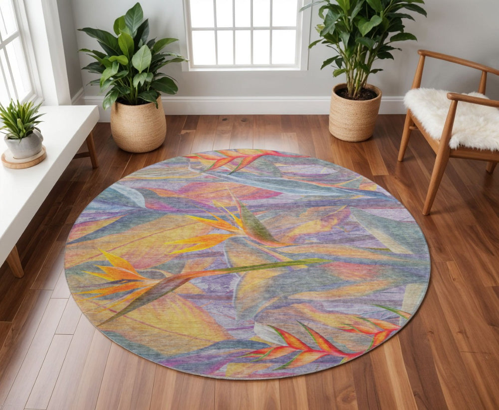 HomeRoots 8' Rainbow and Ivory Geometric Washable Round Rug – UV Protected, Durable, Stylish for Indoor/Outdoor Use 646388