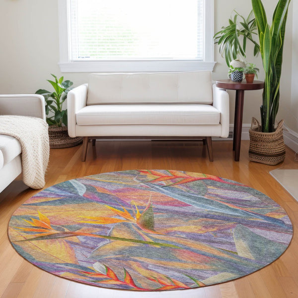 HomeRoots 8' Rainbow and Ivory Geometric Washable Round Rug – UV Protected, Durable, Stylish for Indoor/Outdoor Use 646388