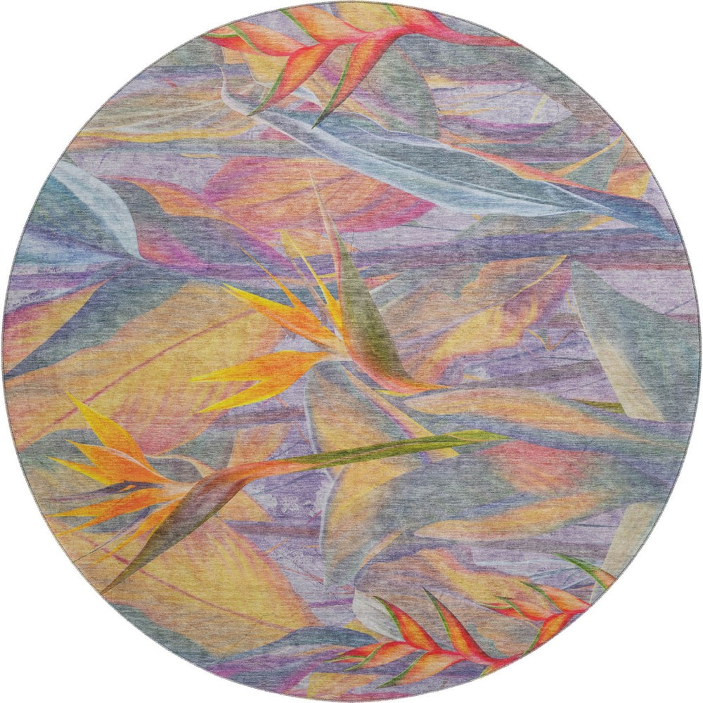 HomeRoots 8' Rainbow and Ivory Geometric Washable Round Rug – UV Protected, Durable, Stylish for Indoor/Outdoor Use 646388
