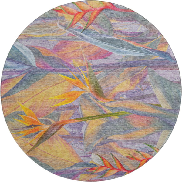 HomeRoots 8' Rainbow and Ivory Geometric Washable Round Rug – UV Protected, Durable, Stylish for Indoor/Outdoor Use 646388