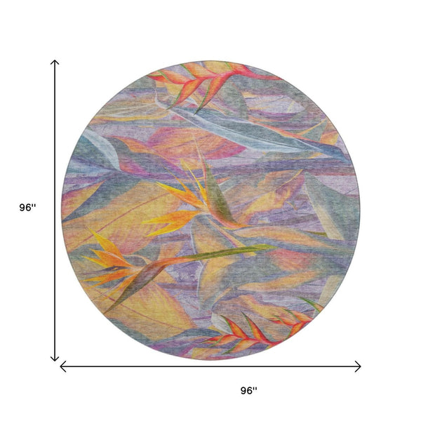 HomeRoots 8' Rainbow and Ivory Geometric Washable Round Rug – UV Protected, Durable, Stylish for Indoor/Outdoor Use 646388