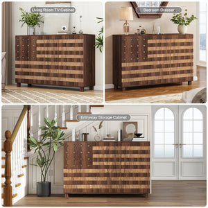 English Elm 55" Walnut Buffet Sideboard Cabinet with Hand-Carved Detail, 2 Drawers, 3 Doors, Adjustable Shelves, Anti-Tip Safety W2977P294024