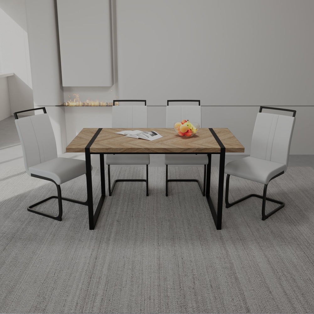 English Elm 59" Dining Table Set - Modern-Rural 4-Piece Mdf & Pu Armless Chairs With Black Metal Legs For Home W2189S00168