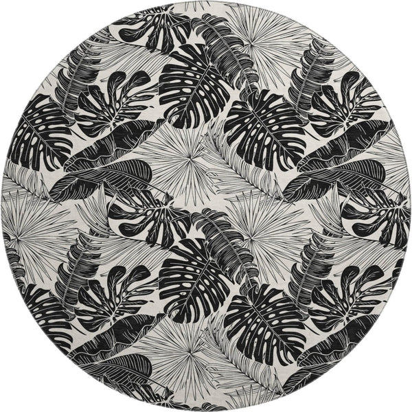 HomeRoots 8' Midnight and Ivory Geometric Round Rug - Washable, UV-Protected, Ideal for High-Traffic Areas! 646400