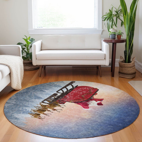 HomeRoots 8' Modern Geometric Round Rug in Blue, Red & Brown – Washable, UV-Protected, Stain-Resistant Design! 646406