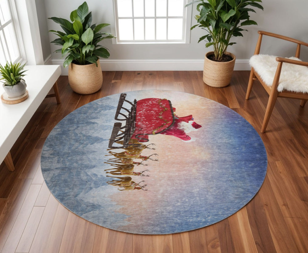 HomeRoots 8' Modern Geometric Round Rug in Blue, Red & Brown – Washable, UV-Protected, Stain-Resistant Design! 646406