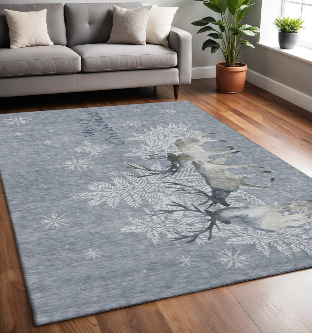 HomeRoots 5' Modern Geometric Ash Gray, Ivory & Blue Washable Area Rug – Durable, UV-Protected & Stylish Decor 646411