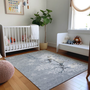 HomeRoots 5' Modern Geometric Ash Gray, Ivory & Blue Washable Area Rug – Durable, UV-Protected & Stylish Decor 646411
