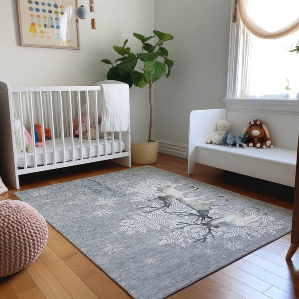 HomeRoots 5' Modern Geometric Ash Gray, Ivory & Blue Washable Area Rug – Durable, UV-Protected & Stylish Decor 646411