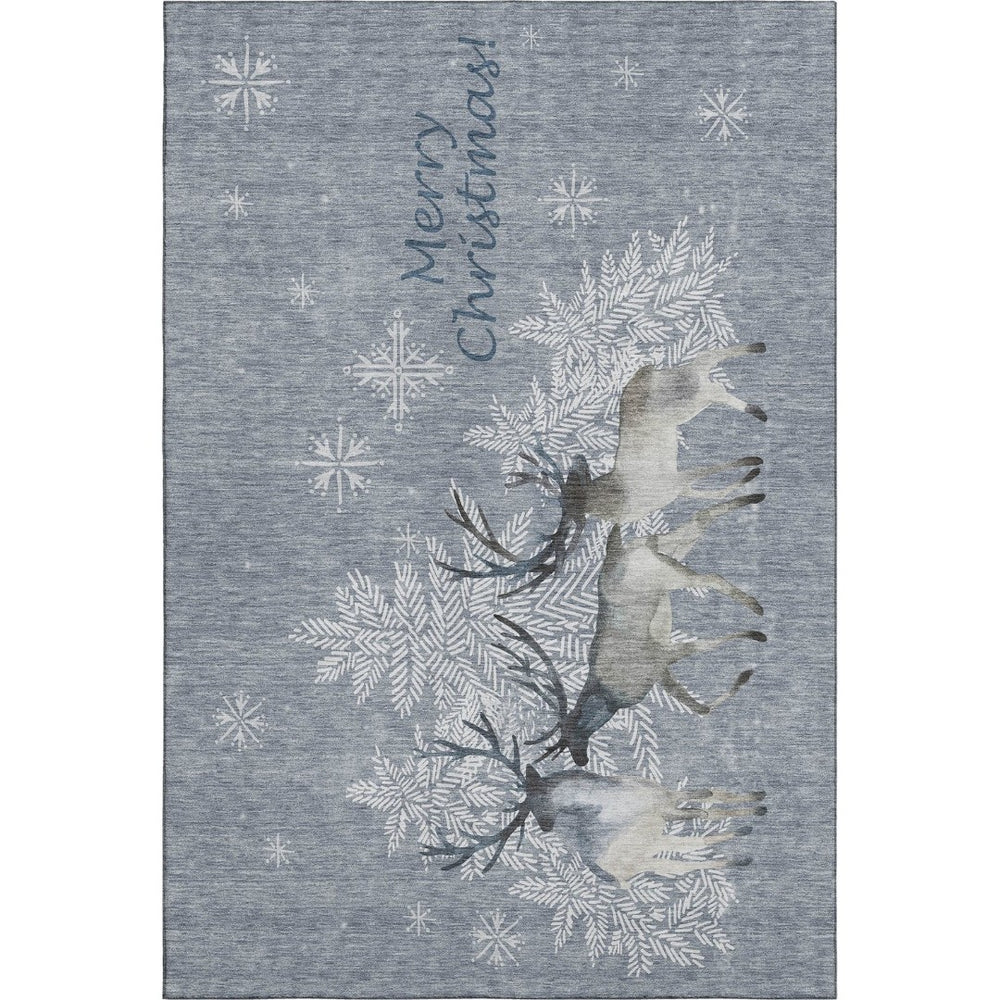 HomeRoots 5' Modern Geometric Ash Gray, Ivory & Blue Washable Area Rug – Durable, UV-Protected & Stylish Decor 646411