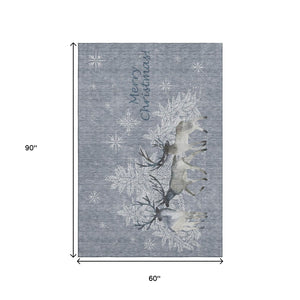 HomeRoots 5' Modern Geometric Ash Gray, Ivory & Blue Washable Area Rug – Durable, UV-Protected & Stylish Decor 646411