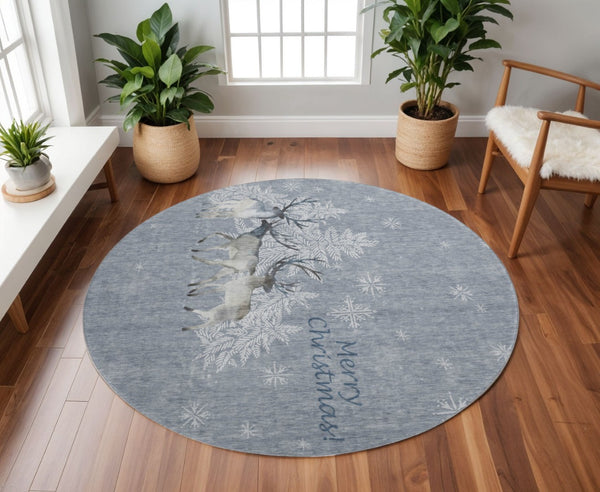 HomeRoots 8' Washable Round Rug in Ash Gray, Ivory & Blue - UV Protected, Stain Resistant for Modern Homes 646412