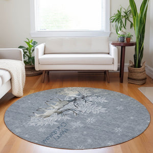 HomeRoots 8' Washable Round Rug in Ash Gray, Ivory & Blue - UV Protected, Stain Resistant for Modern Homes 646412