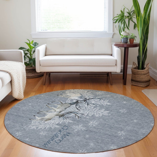 HomeRoots 8' Washable Round Rug in Ash Gray, Ivory & Blue - UV Protected, Stain Resistant for Modern Homes 646412