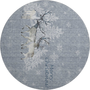 HomeRoots 8' Washable Round Rug in Ash Gray, Ivory & Blue - UV Protected, Stain Resistant for Modern Homes 646412
