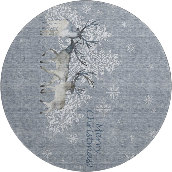 HomeRoots 8' Washable Round Rug in Ash Gray, Ivory & Blue - UV Protected, Stain Resistant for Modern Homes 646412