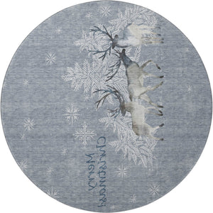 HomeRoots 8' Washable Round Rug in Ash Gray, Ivory & Blue - UV Protected, Stain Resistant for Modern Homes 646412