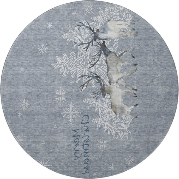 HomeRoots 8' Washable Round Rug in Ash Gray, Ivory & Blue - UV Protected, Stain Resistant for Modern Homes 646412