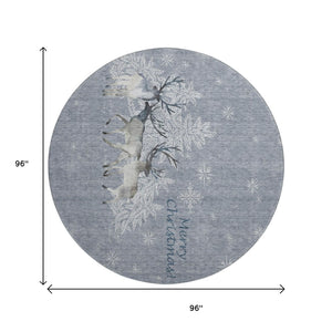 HomeRoots 8' Washable Round Rug in Ash Gray, Ivory & Blue - UV Protected, Stain Resistant for Modern Homes 646412