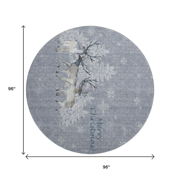 HomeRoots 8' Washable Round Rug in Ash Gray, Ivory & Blue - UV Protected, Stain Resistant for Modern Homes 646412