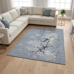 HomeRoots 8' X 10' Stylish Ash Gray, Ivory & Blue Geometric Area Rug – Washable, UV Protected for Busy Homes! 646413