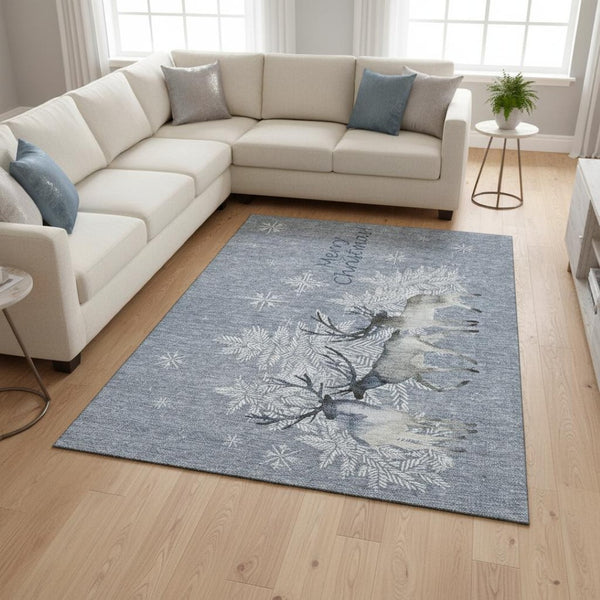 HomeRoots 8' X 10' Stylish Ash Gray, Ivory & Blue Geometric Area Rug – Washable, UV Protected for Busy Homes! 646413