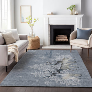 HomeRoots 8' X 10' Stylish Ash Gray, Ivory & Blue Geometric Area Rug – Washable, UV Protected for Busy Homes! 646413