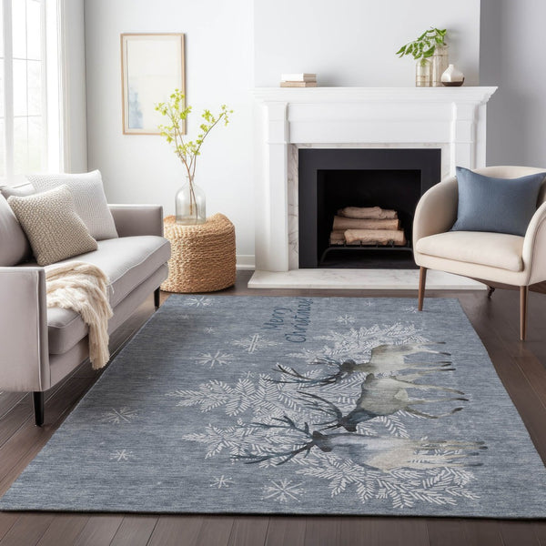 HomeRoots 8' X 10' Stylish Ash Gray, Ivory & Blue Geometric Area Rug – Washable, UV Protected for Busy Homes! 646413