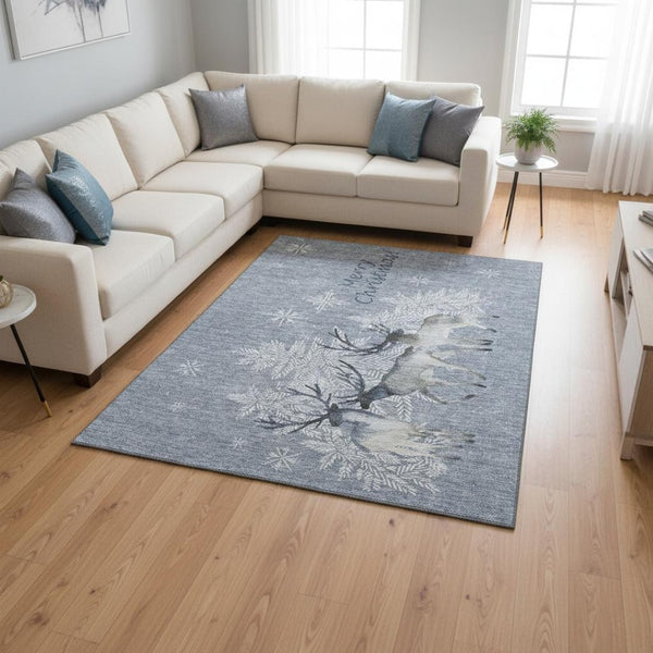 HomeRoots 9' X 12' Modern Geometric Washable Area Rug in Ash Gray, Ivory & Blue with UV Protection & Durability 646414