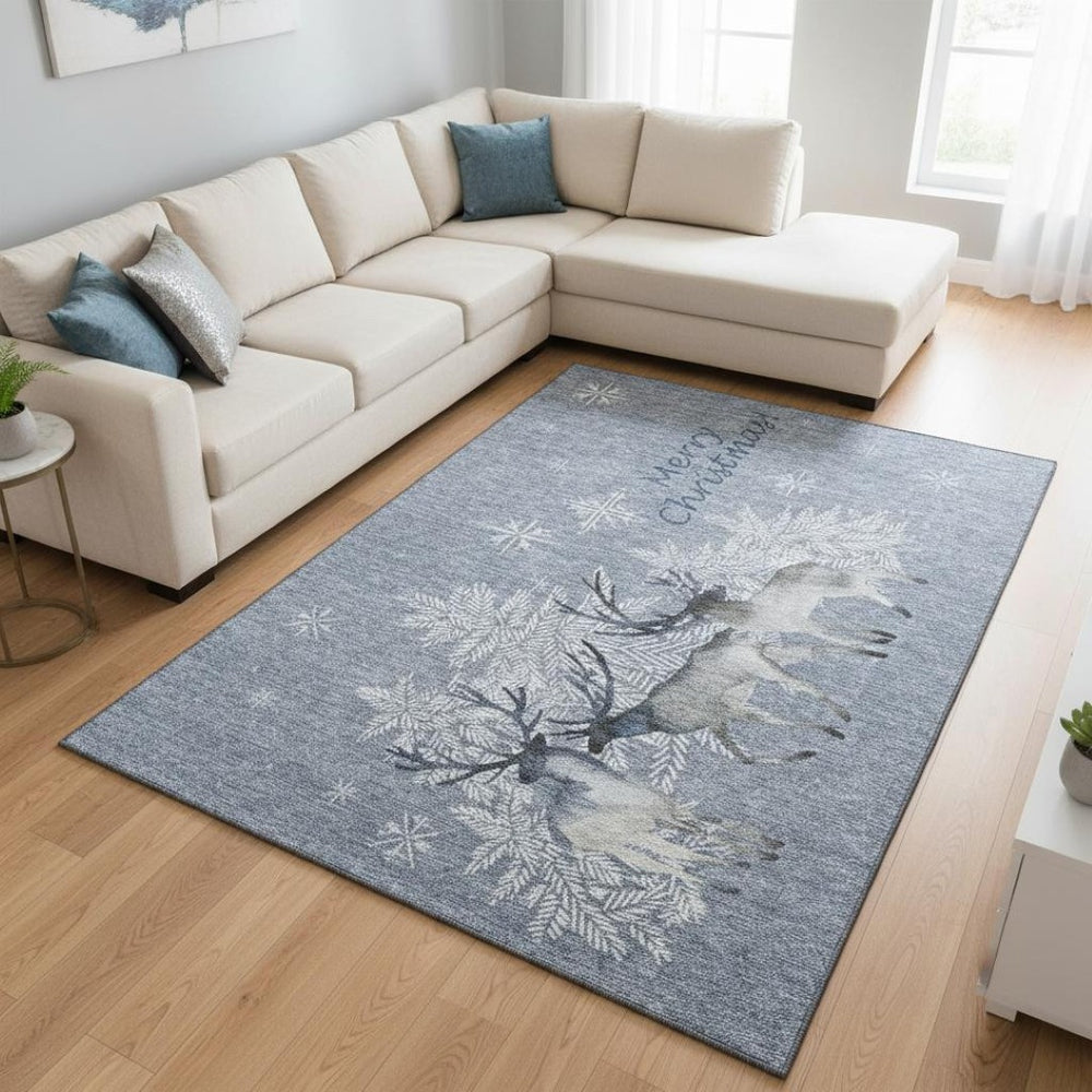 HomeRoots 10' Stylish Ash Gray, Ivory & Blue Geometric Washable Area Rug – UV Protected, Stain Resistant, Durable 646415