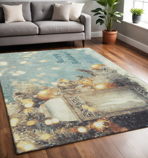 HomeRoots 5' X 8' Stylish Blue, Gold & Ivory Geometric Washable Area Rug with UV Protection for Homes 646417