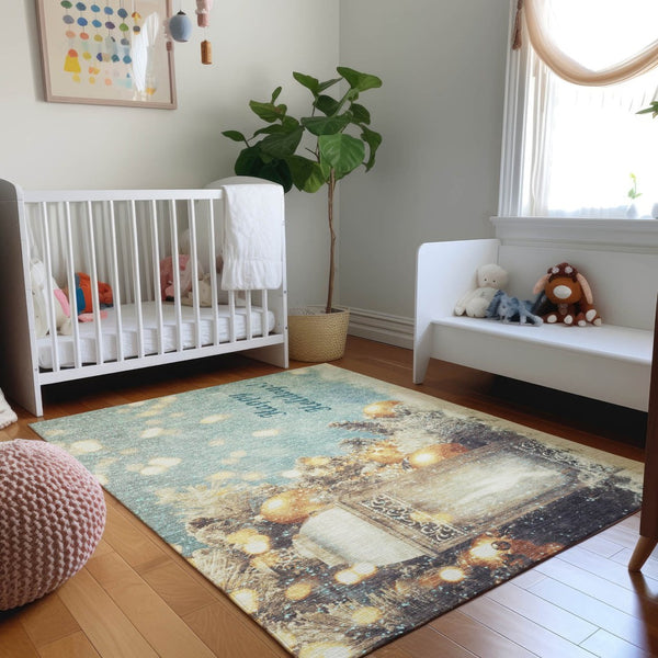 HomeRoots 5' X 8' Stylish Blue, Gold & Ivory Geometric Washable Area Rug with UV Protection for Homes 646417