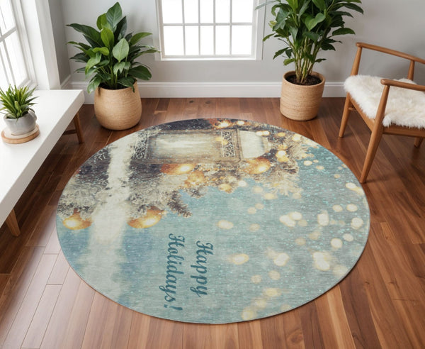 HomeRoots 8' Blue Gold Ivory Geometric Round Rug - Washable, UV Protected, Kid & Pet Friendly for Every Space 646418