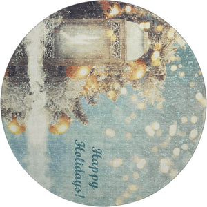 HomeRoots 8' Blue Gold Ivory Geometric Round Rug - Washable, UV Protected, Kid & Pet Friendly for Every Space 646418