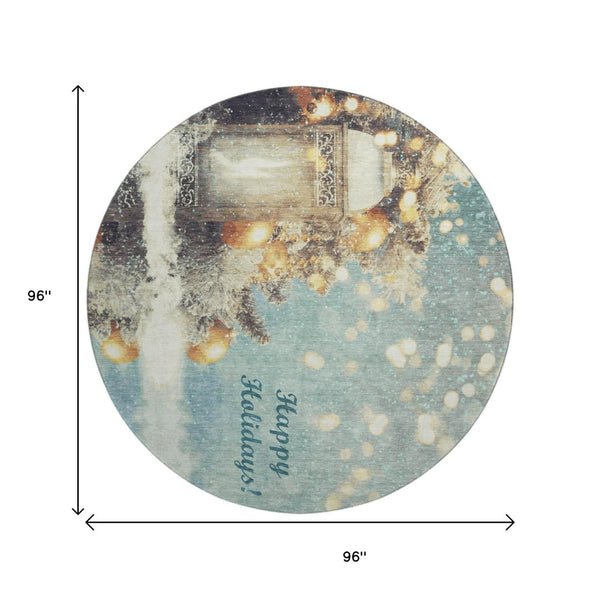 HomeRoots 8' Blue Gold Ivory Geometric Round Rug - Washable, UV Protected, Kid & Pet Friendly for Every Space 646418