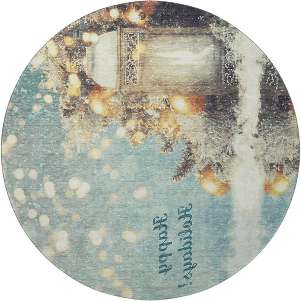 HomeRoots 8' Blue Gold Ivory Geometric Round Rug - Washable, UV Protected, Kid & Pet Friendly for Every Space 646418