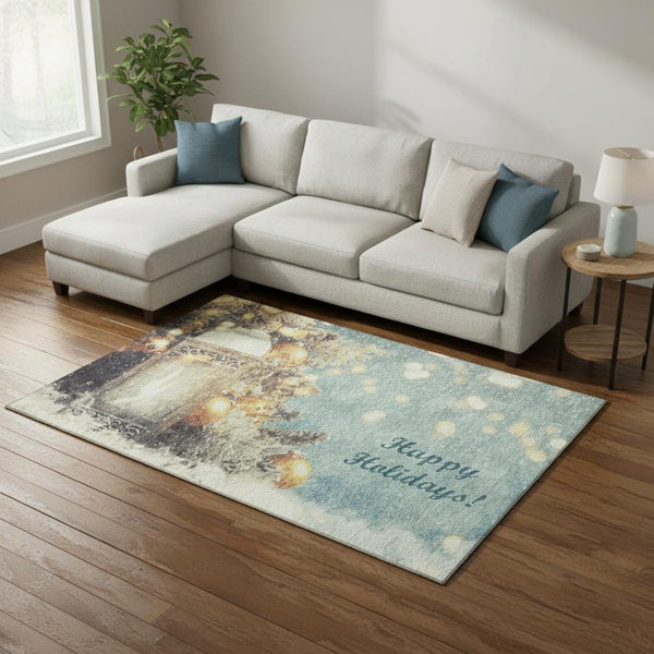 HomeRoots 8' X 10' Stylish Blue Gold Ivory Geometric Area Rug - Washable, UV Protected, Stain Resistant & Durable! 646419