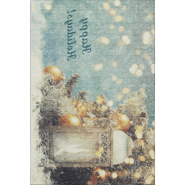 HomeRoots 8' X 10' Stylish Blue Gold Ivory Geometric Area Rug - Washable, UV Protected, Stain Resistant & Durable! 646419