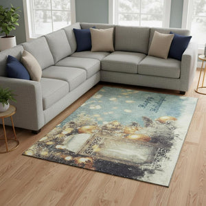 HomeRoots 9' X 12' Stylish Blue Gold Ivory Geometric Washable Rug with UV Protection for Home & Playrooms 646420
