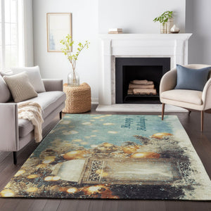 HomeRoots 9' X 12' Stylish Blue Gold Ivory Geometric Washable Rug with UV Protection for Home & Playrooms 646420