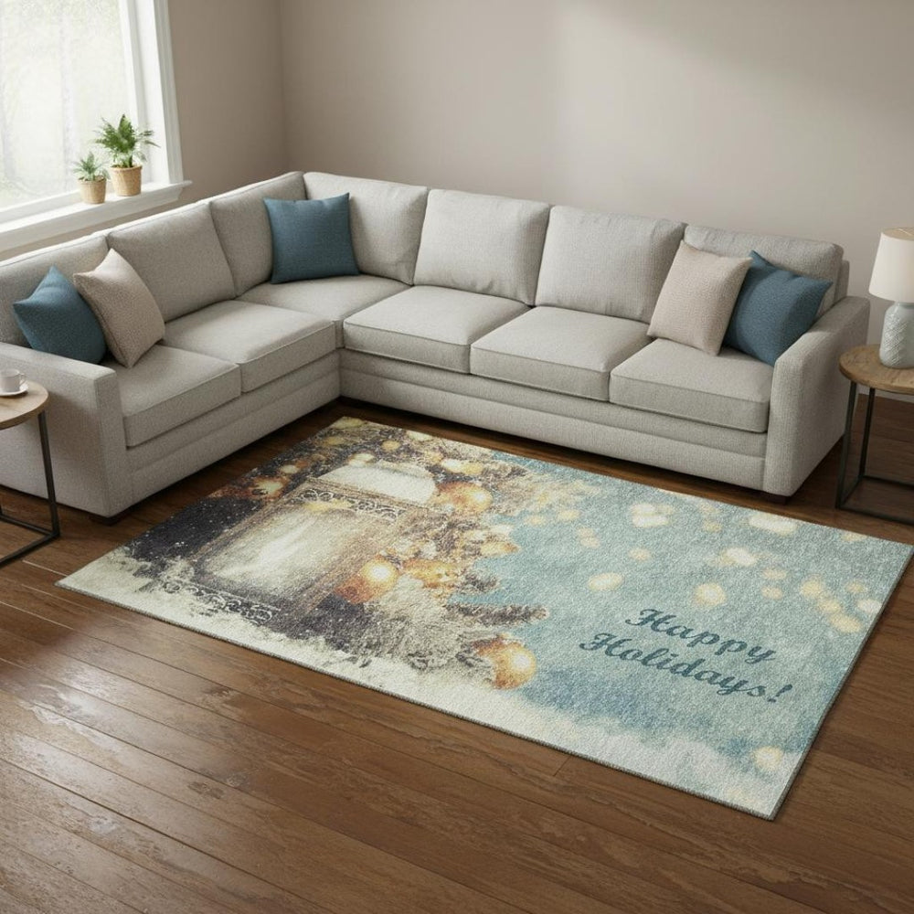 HomeRoots 10' X 14' Washable Geometric Area Rug in Blue, Gold & Ivory – Stain Resistant & UV Protected Design 646421