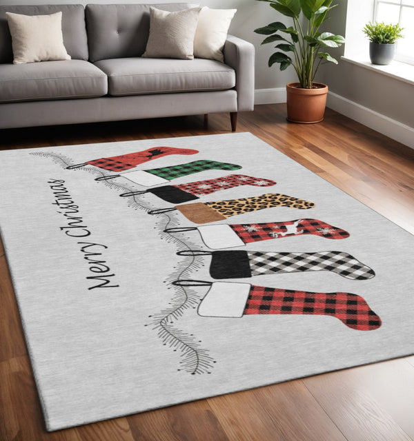 HomeRoots 5' Modern Geometric Area Rug in Gray, Red & Green - Washable, Stain Resistant & UV Protected! 646429
